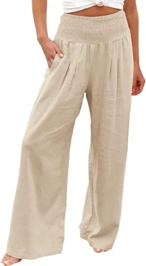 2024 Summer Casual Pants Women Elastic High Waisted Palazzo Trousers Linen Cotton Breathable Solid Straight Wide Leg Pants