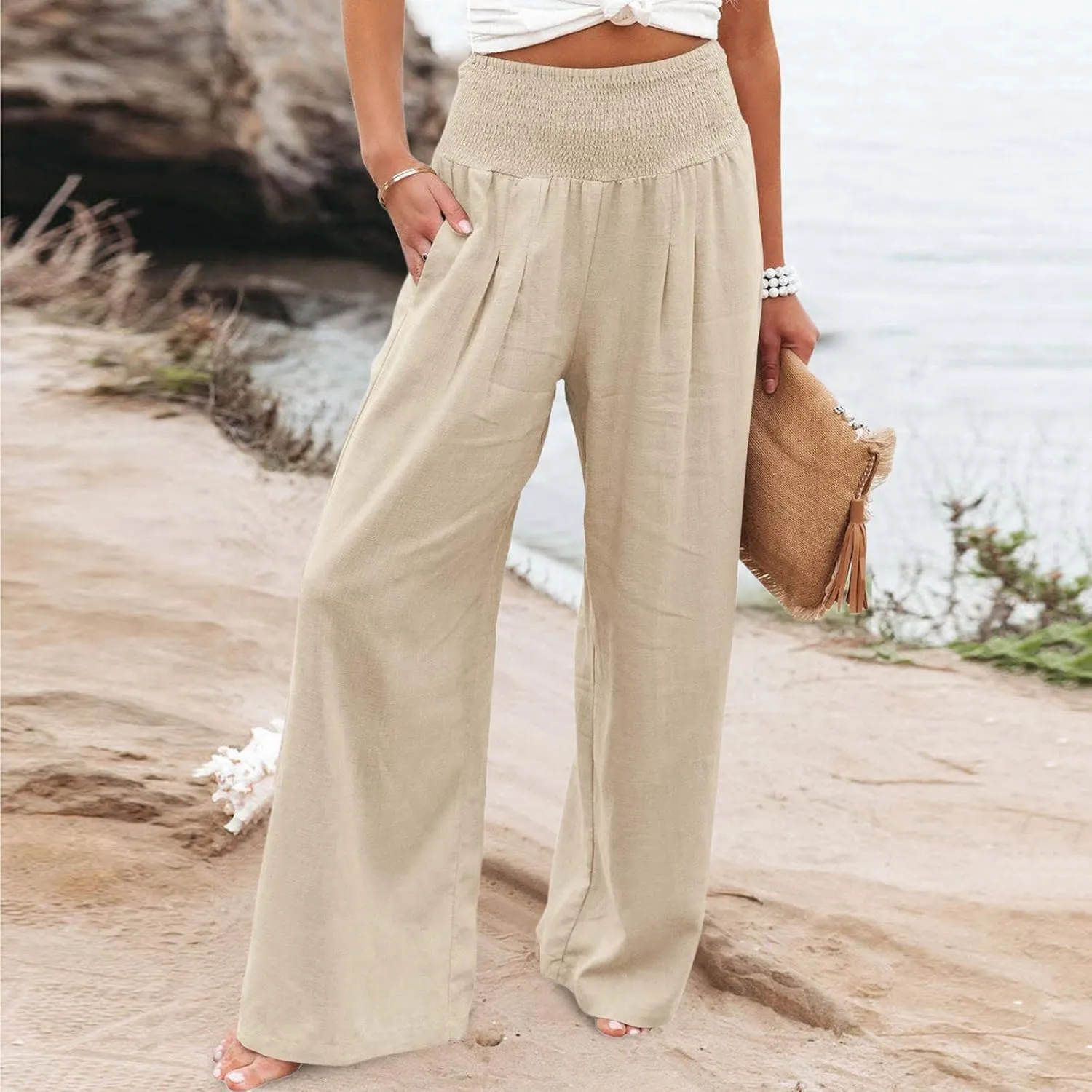 2024 Summer Casual Pants Women Elastic High Waisted Palazzo Trousers Linen Cotton Breathable Solid Straight Wide Leg Pants