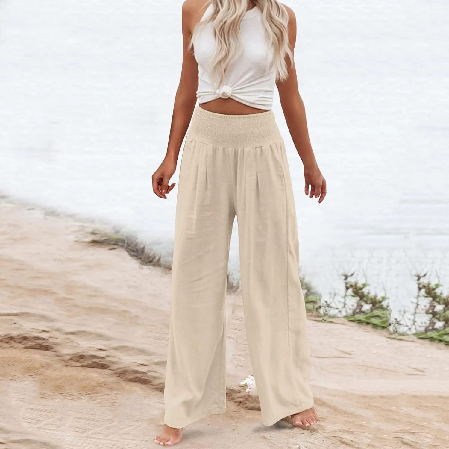 2024 Summer Casual Pants Women Elastic High Waisted Palazzo Trousers Linen Cotton Breathable Solid Straight Wide Leg Pants