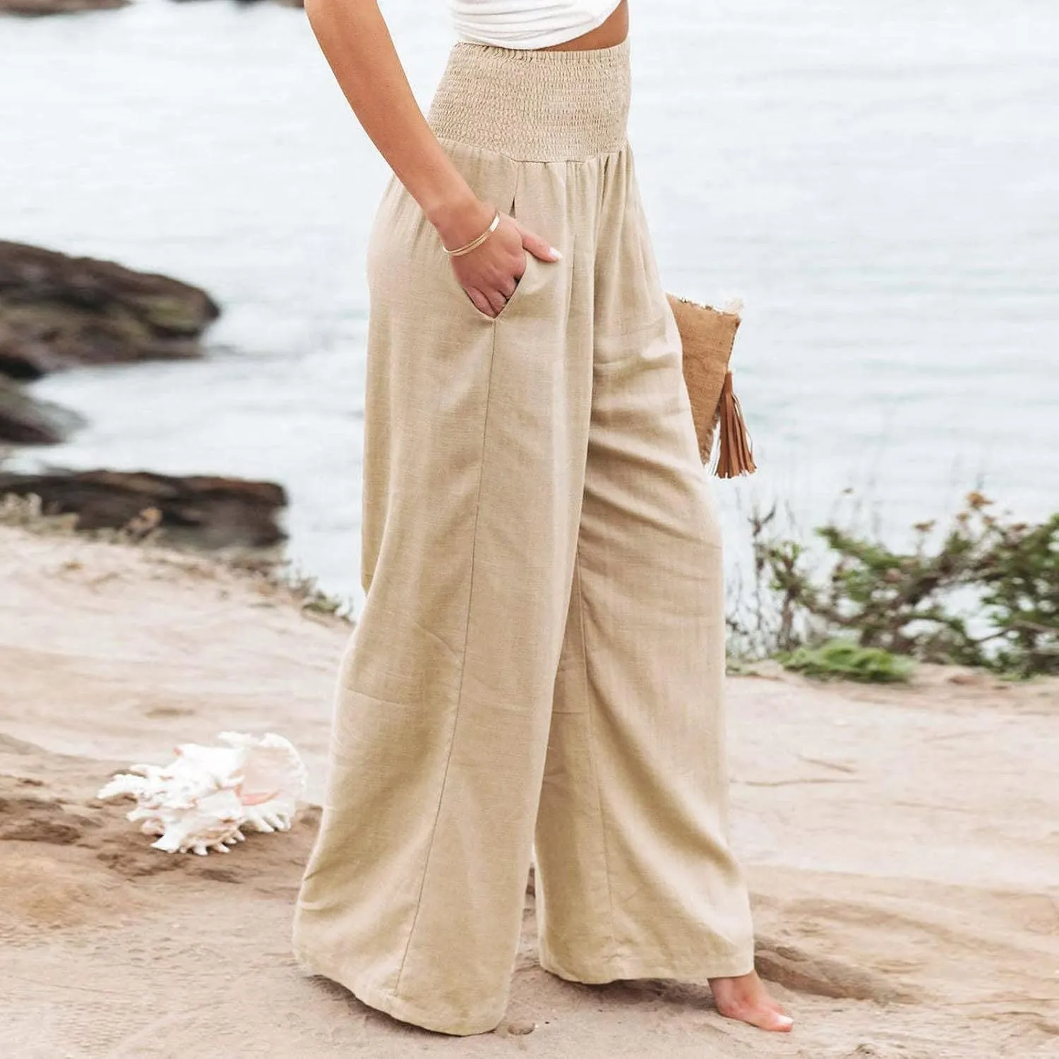 2024 Summer Casual Pants Women Elastic High Waisted Palazzo Trousers Linen Cotton Breathable Solid Straight Wide Leg Pants
