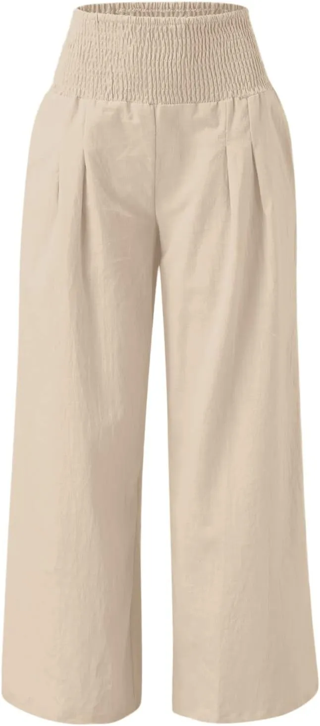 2024 Summer Casual Pants Women Elastic High Waisted Palazzo Trousers Linen Cotton Breathable Solid Straight Wide Leg Pants