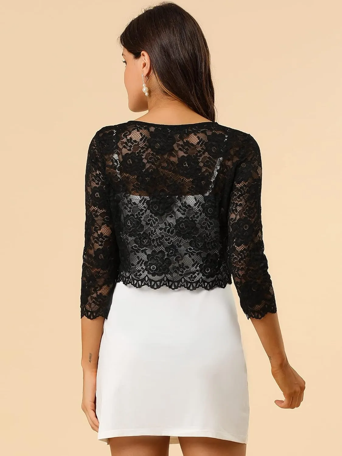 Allegra K Women's Lace Cardigan Open Front Lace Shrug Elegant Sheer Floral Cropped Bolero Lace Tops
