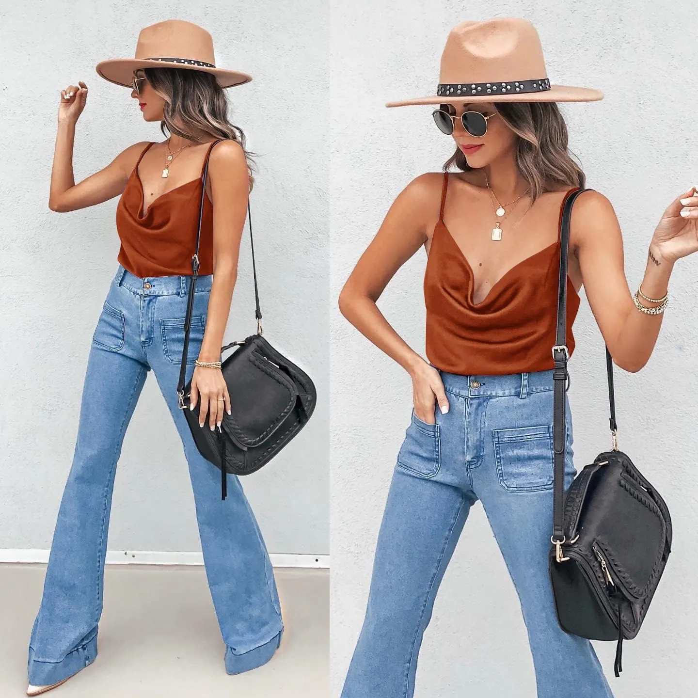 Aoulaydo Women's Spaghetti Straps V Neck Satin Camisole Cowl Neck Cami Tank Top Silk Camisole Sleeveless Blouses