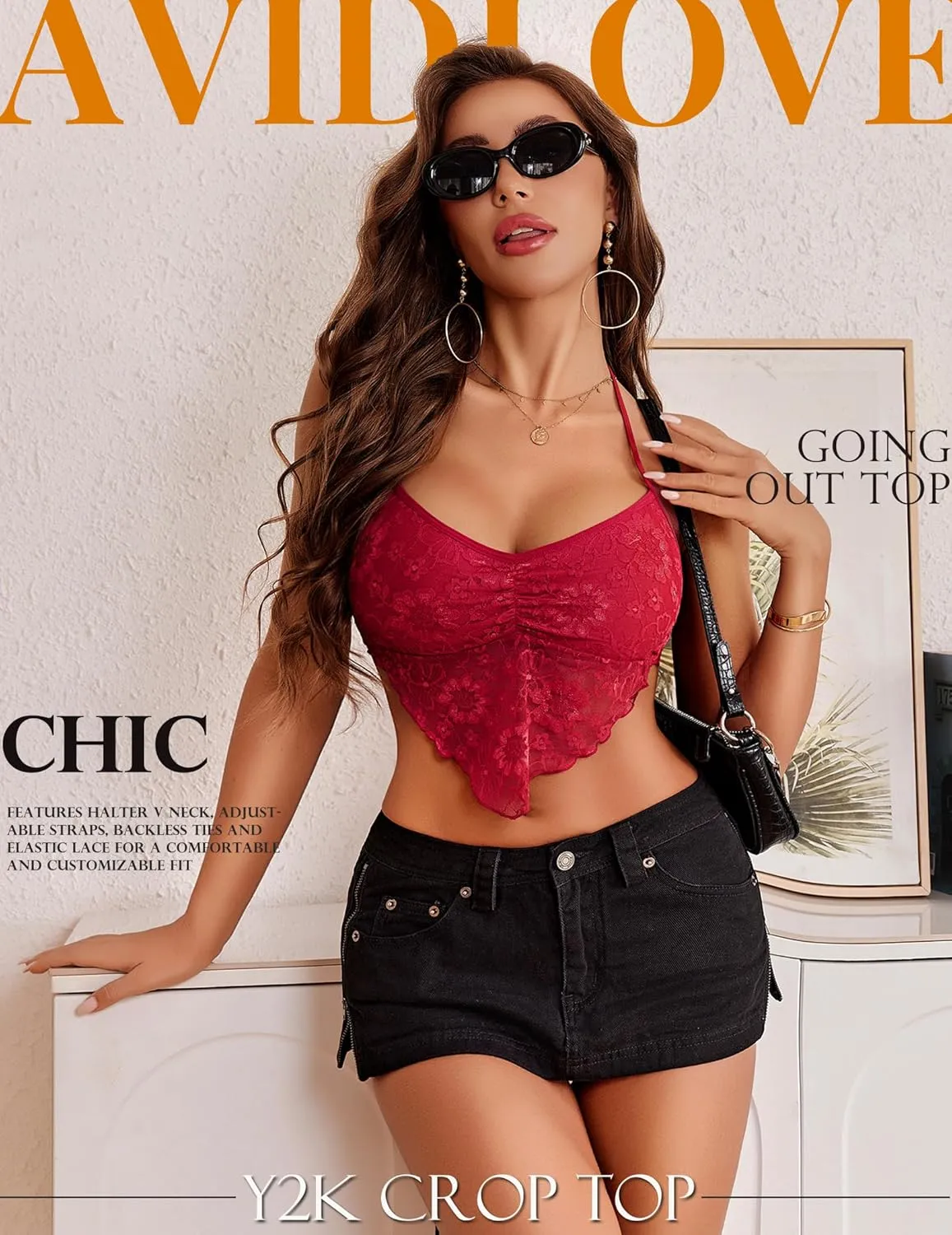 Avidlove Lace Tops for Women Sexy Crop Top Halter V Neck Cami Tank Y2K Camisoles 2025 Trendy