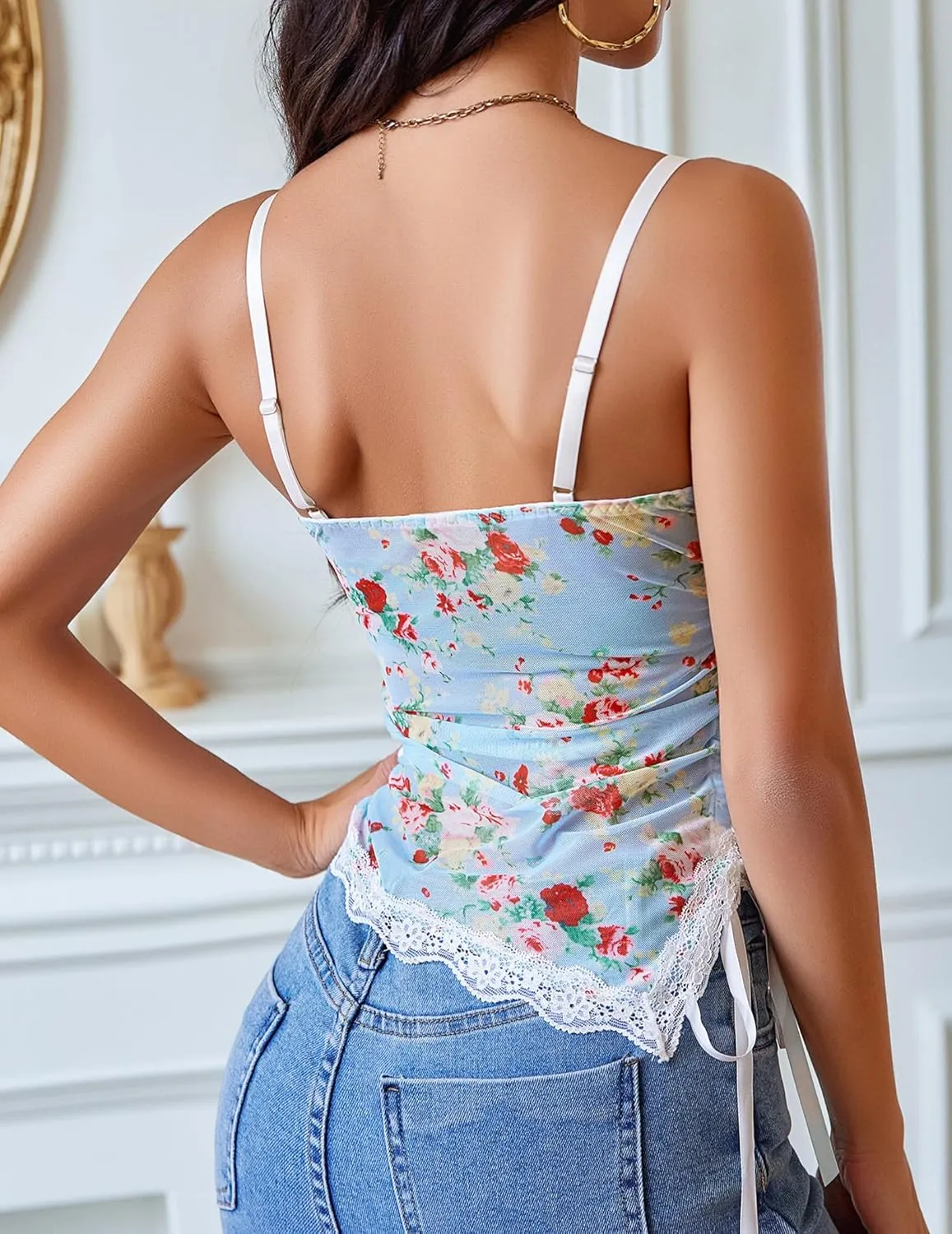 Avidlove Sheer Camisole for Women Side Ruched Mesh Tank Top Drawstring Cami Tops Asymmetrical Hem