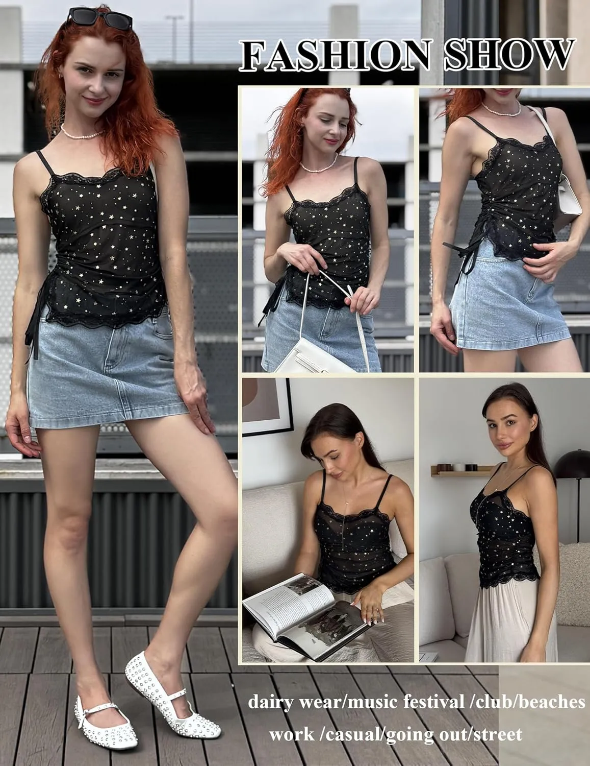 Avidlove Sheer Camisole for Women Side Ruched Mesh Tank Top Drawstring Cami Tops Asymmetrical Hem