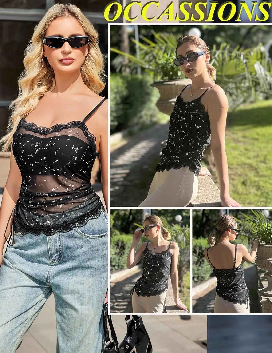 Avidlove Sheer Camisole for Women Side Ruched Mesh Tank Top Drawstring Cami Tops Asymmetrical Hem