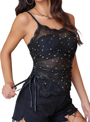 Avidlove Sheer Camisole for Women Side Ruched Mesh Tank Top Drawstring Cami Tops Asymmetrical Hem