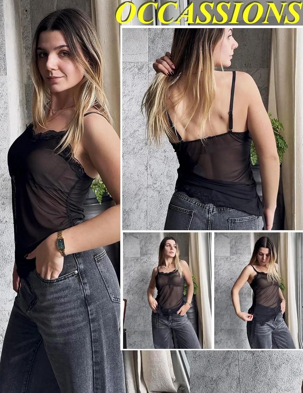 Avidlove Sheer Camisole for Women Side Ruched Mesh Tank Top Drawstring Cami Tops Asymmetrical Hem