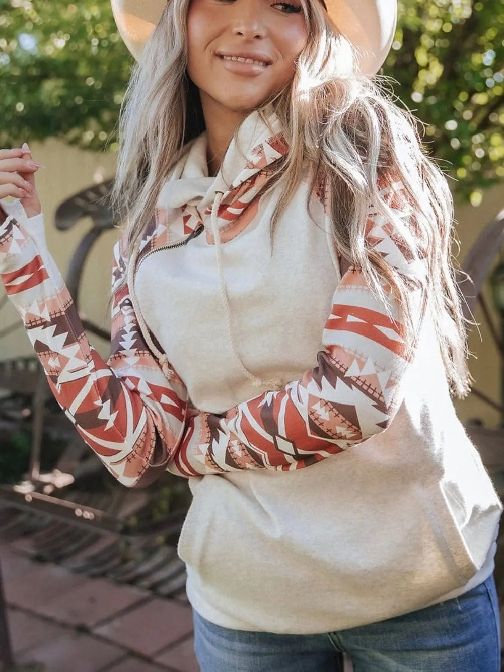 Aztec Patchwork Double Hood Hoodie with Western Print