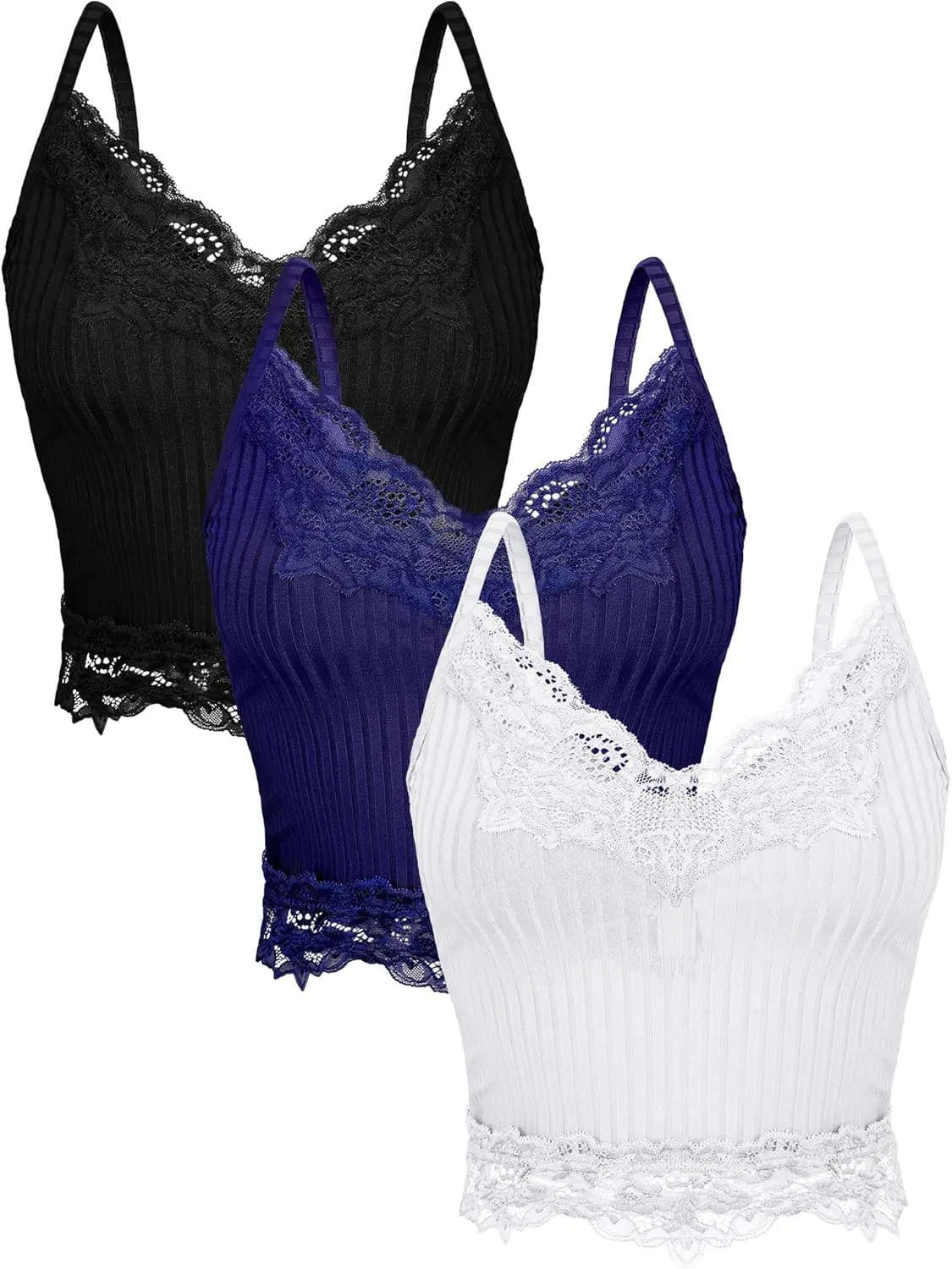 Bencailor 3 Pcs Women's Lace Tank Tops Y2k Camisole Lace Patchwork Crop Tops Grunge Style Ribbed Knitted Clothing