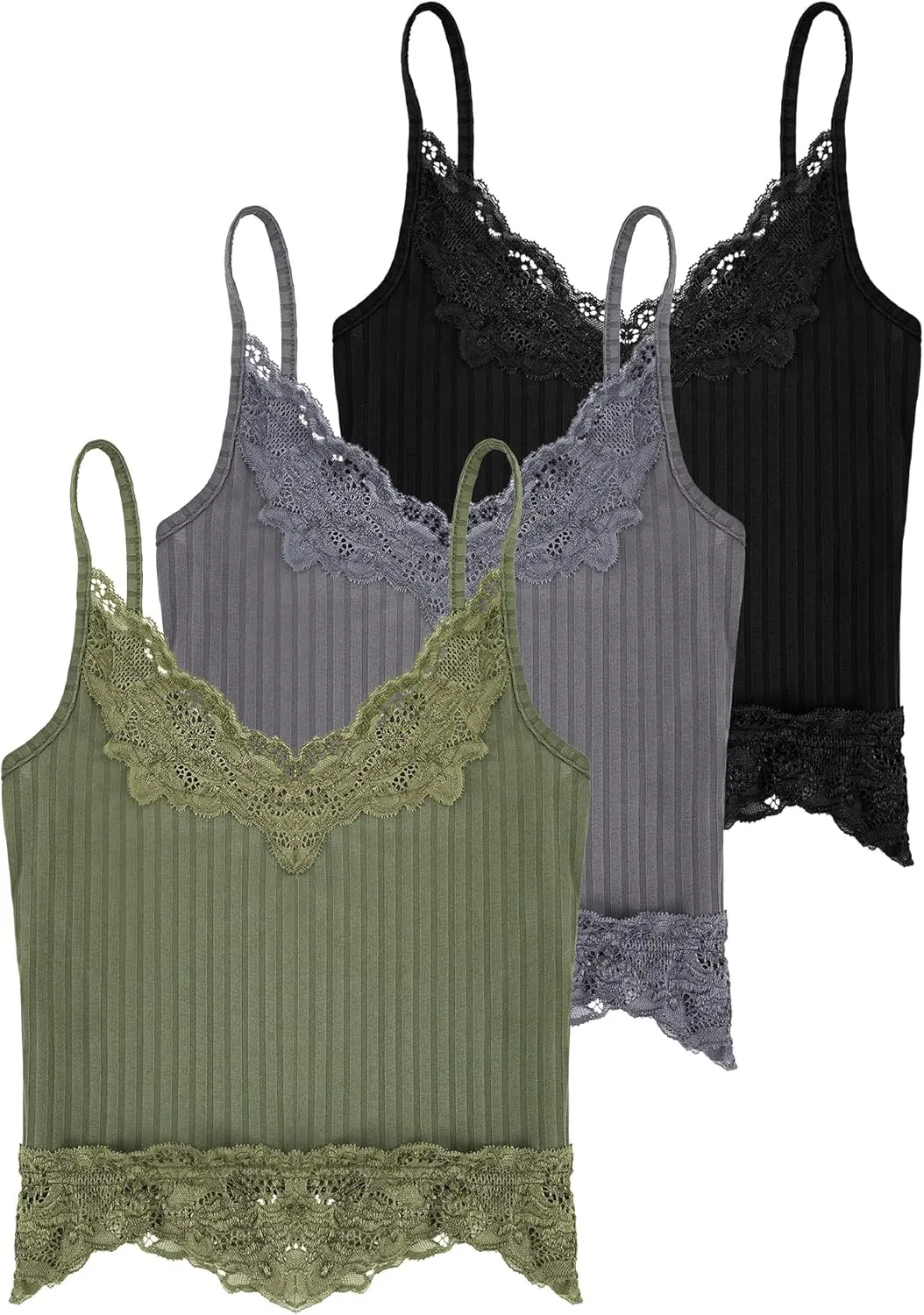 Bencailor 3 Pcs Women's Lace Tank Tops Y2k Camisole Lace Patchwork Crop Tops Grunge Style Ribbed Knitted Clothing