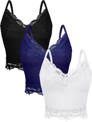 Bencailor 3 Pcs Women's Lace Tank Tops Y2k Camisole Lace Patchwork Crop Tops Grunge Style Ribbed Knitted Clothing