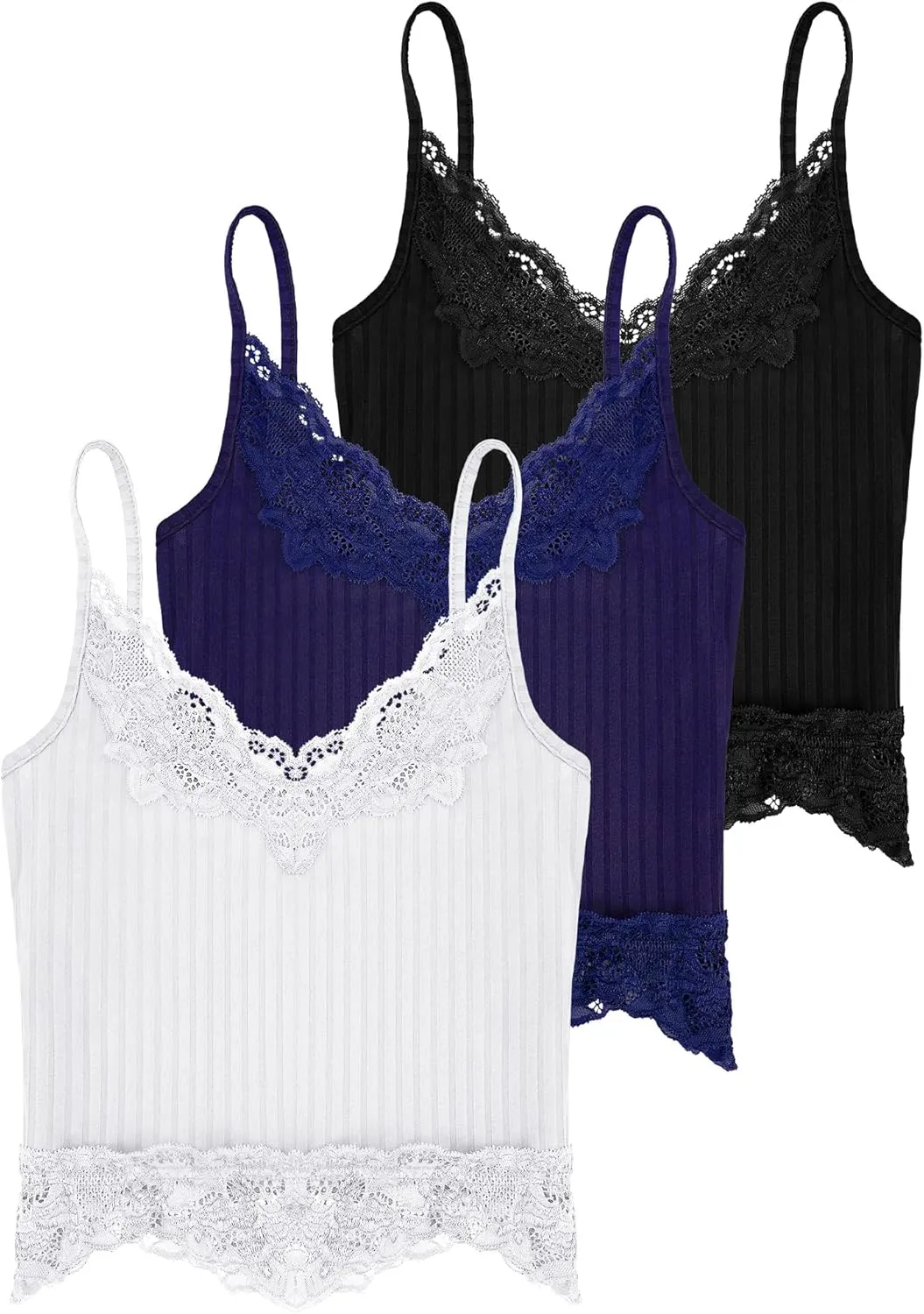 Bencailor 3 Pcs Women's Lace Tank Tops Y2k Camisole Lace Patchwork Crop Tops Grunge Style Ribbed Knitted Clothing