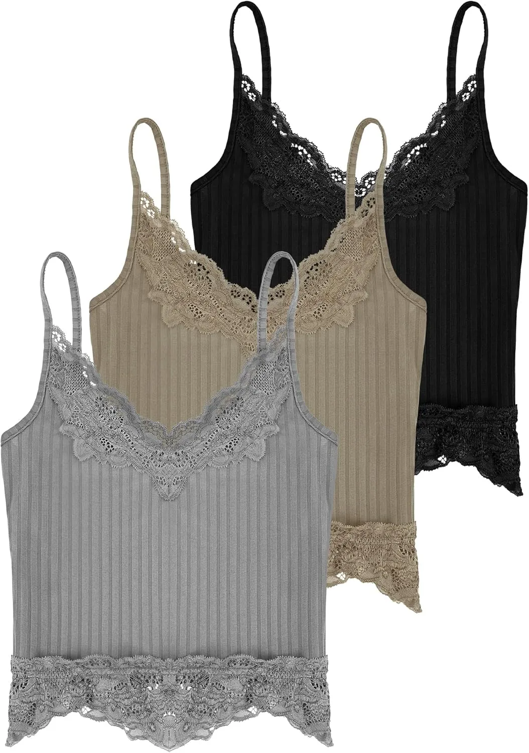 Bencailor 3 Pcs Women's Lace Tank Tops Y2k Camisole Lace Patchwork Crop Tops Grunge Style Ribbed Knitted Clothing