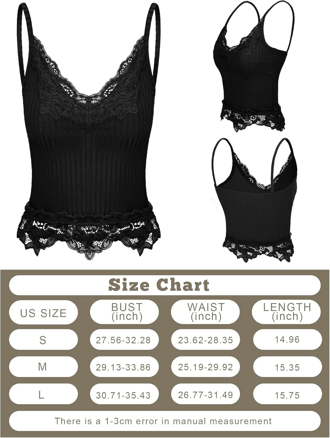 Bencailor 3 Pcs Women's Lace Tank Tops Y2k Camisole Lace Patchwork Crop Tops Grunge Style Ribbed Knitted Clothing