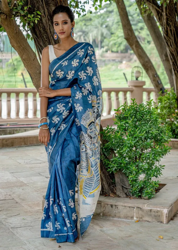 BLUE PURE SILK HAND BATIK SAREE