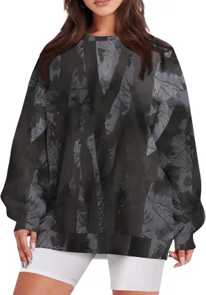 Camo Sweatshirt for Women Oversized Maple Leaf Print Sweatshirts Casual Long Sleeve Camo Crewneck Sweatshirt
