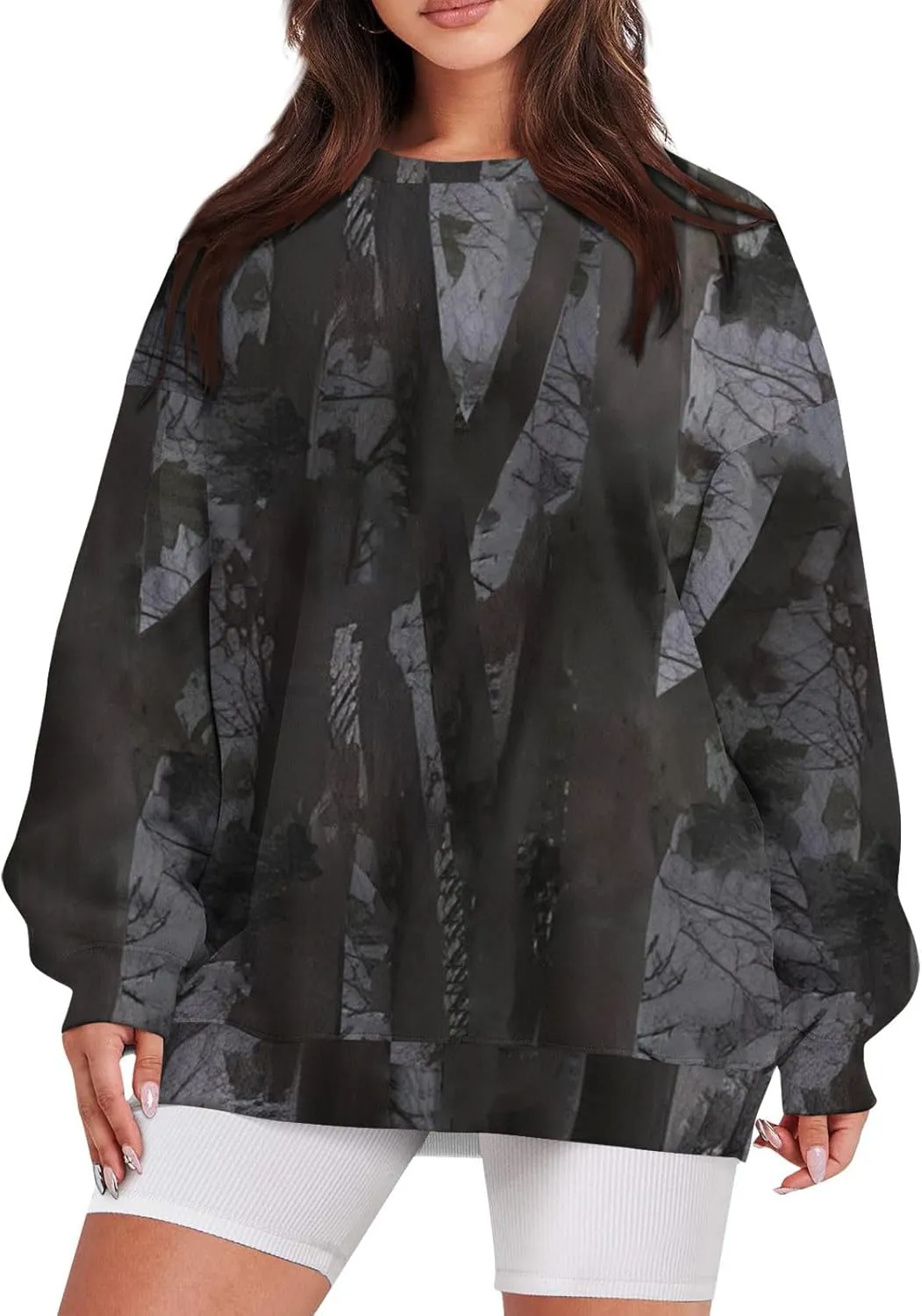 Camo Sweatshirt for Women Oversized Maple Leaf Print Sweatshirts Casual Long Sleeve Camo Crewneck Sweatshirt