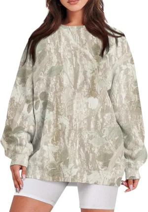 Camo Sweatshirt for Women Oversized Maple Leaf Print Sweatshirts Casual Long Sleeve Camo Crewneck Sweatshirt