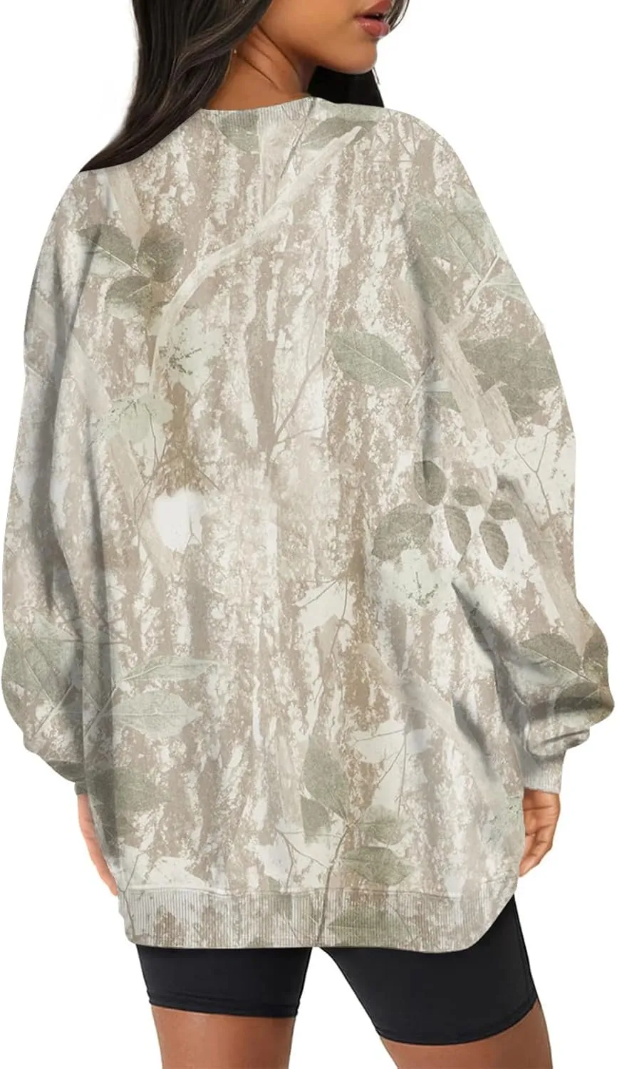 Camo Sweatshirt for Women Oversized Maple Leaf Print Sweatshirts Casual Long Sleeve Camo Crewneck Sweatshirt