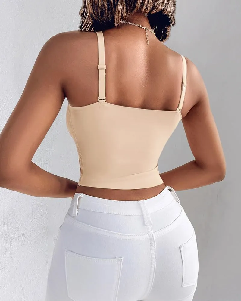 CHICME Padded Lace Bralette for Women Crop Tops Spaghetti Strap V Neck Tank Top Slim Fit Camisole