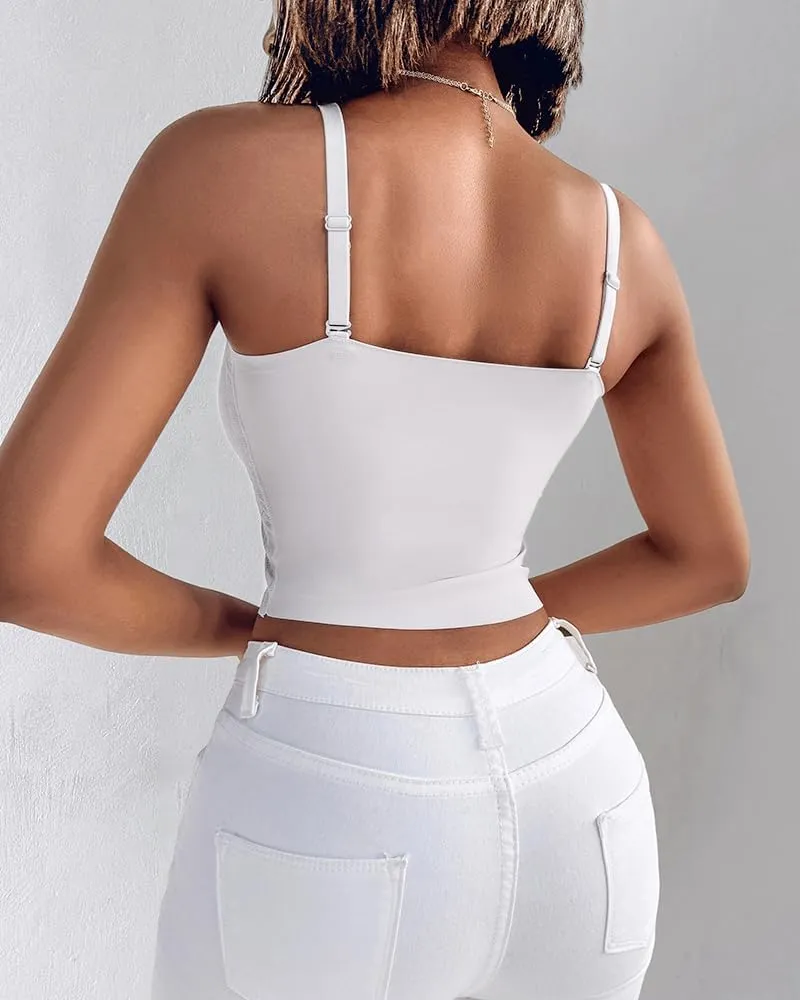 CHICME Padded Lace Bralette for Women Crop Tops Spaghetti Strap V Neck Tank Top Slim Fit Camisole