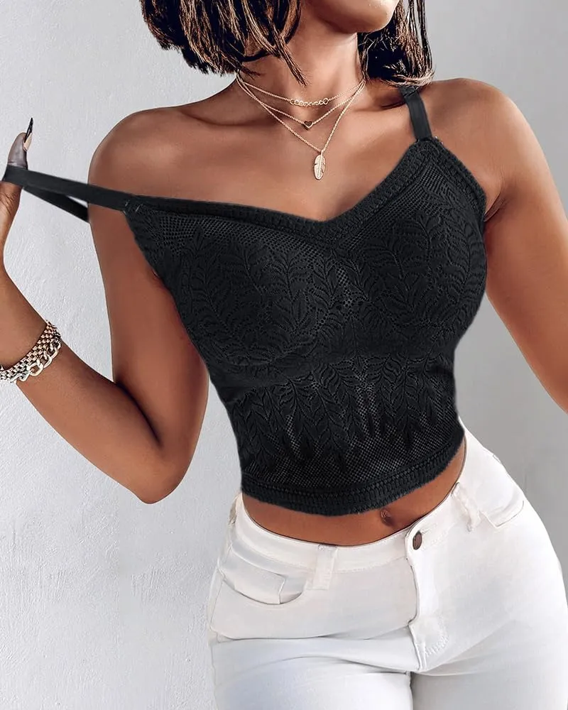 CHICME Padded Lace Bralette for Women Crop Tops Spaghetti Strap V Neck Tank Top Slim Fit Camisole