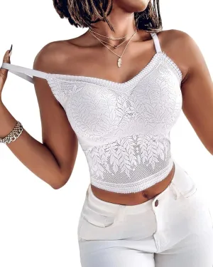 CHICME Padded Lace Bralette for Women Crop Tops Spaghetti Strap V Neck Tank Top Slim Fit Camisole