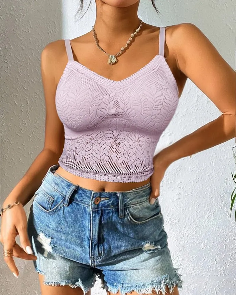 CHICME Padded Lace Bralette for Women Crop Tops Spaghetti Strap V Neck Tank Top Slim Fit Camisole