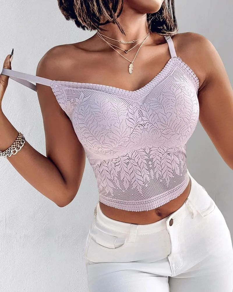 CHICME Padded Lace Bralette for Women Crop Tops Spaghetti Strap V Neck Tank Top Slim Fit Camisole