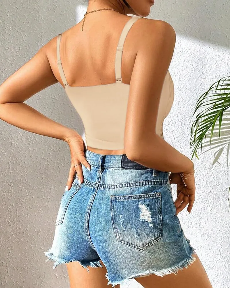 CHICME Padded Lace Bralette for Women Crop Tops Spaghetti Strap V Neck Tank Top Slim Fit Camisole