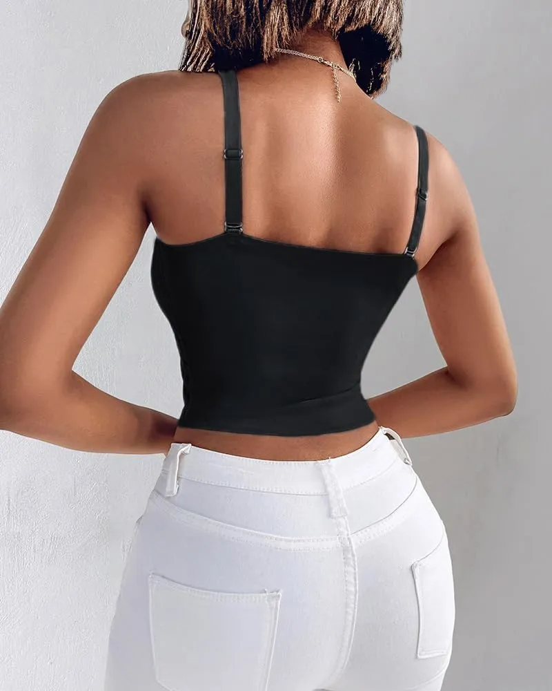CHICME Padded Lace Bralette for Women Crop Tops Spaghetti Strap V Neck Tank Top Slim Fit Camisole