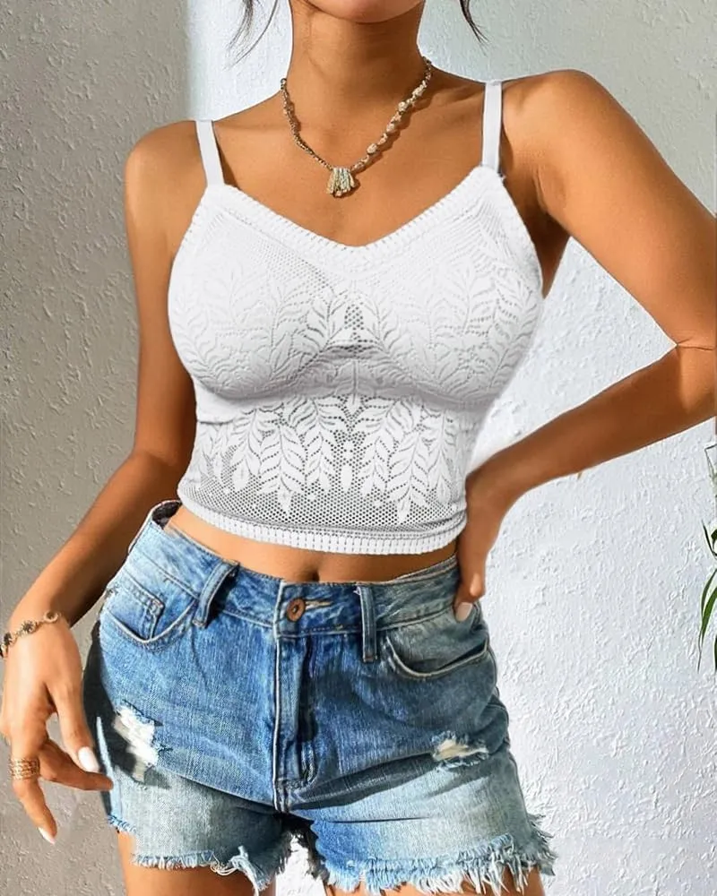 CHICME Padded Lace Bralette for Women Crop Tops Spaghetti Strap V Neck Tank Top Slim Fit Camisole