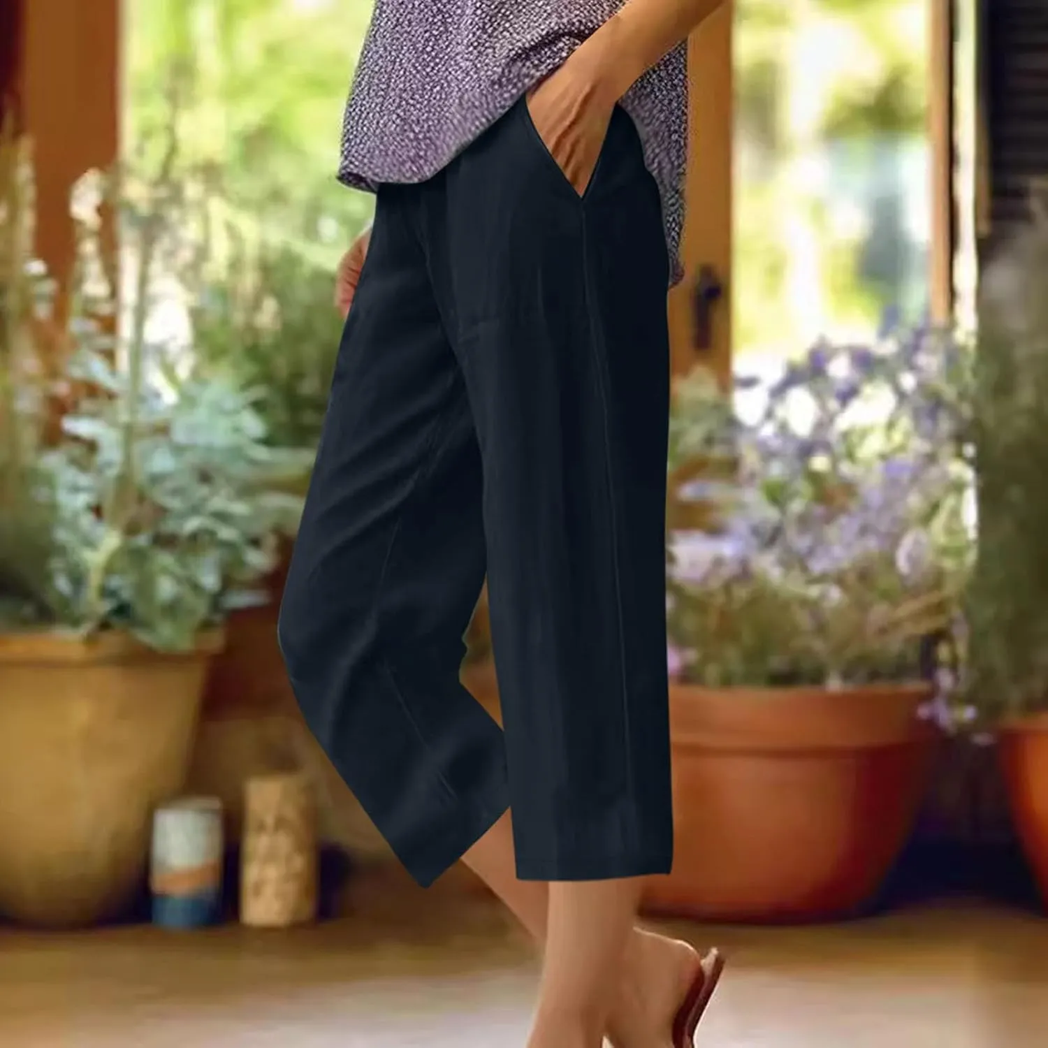 Cotton Linen Capris Trousers Women Elasticated Waist Cropped Pants Summer Pant Plain Breathable Loose Fit Capri Trouser