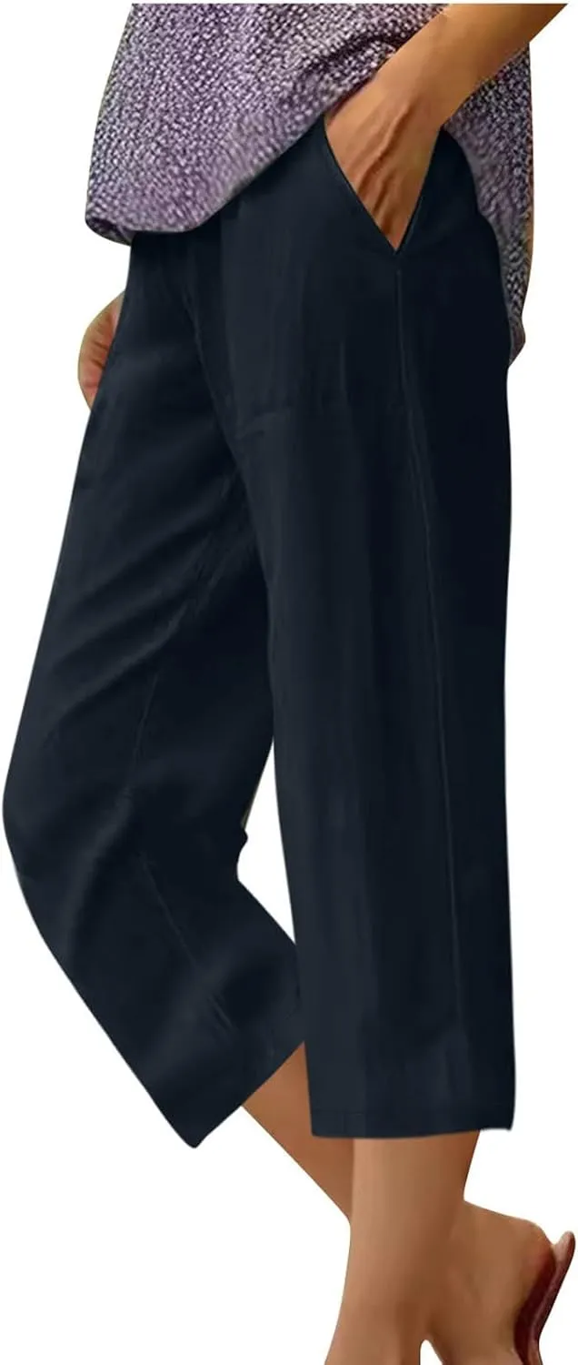 Cotton Linen Capris Trousers Women Elasticated Waist Cropped Pants Summer Pant Plain Breathable Loose Fit Capri Trouser