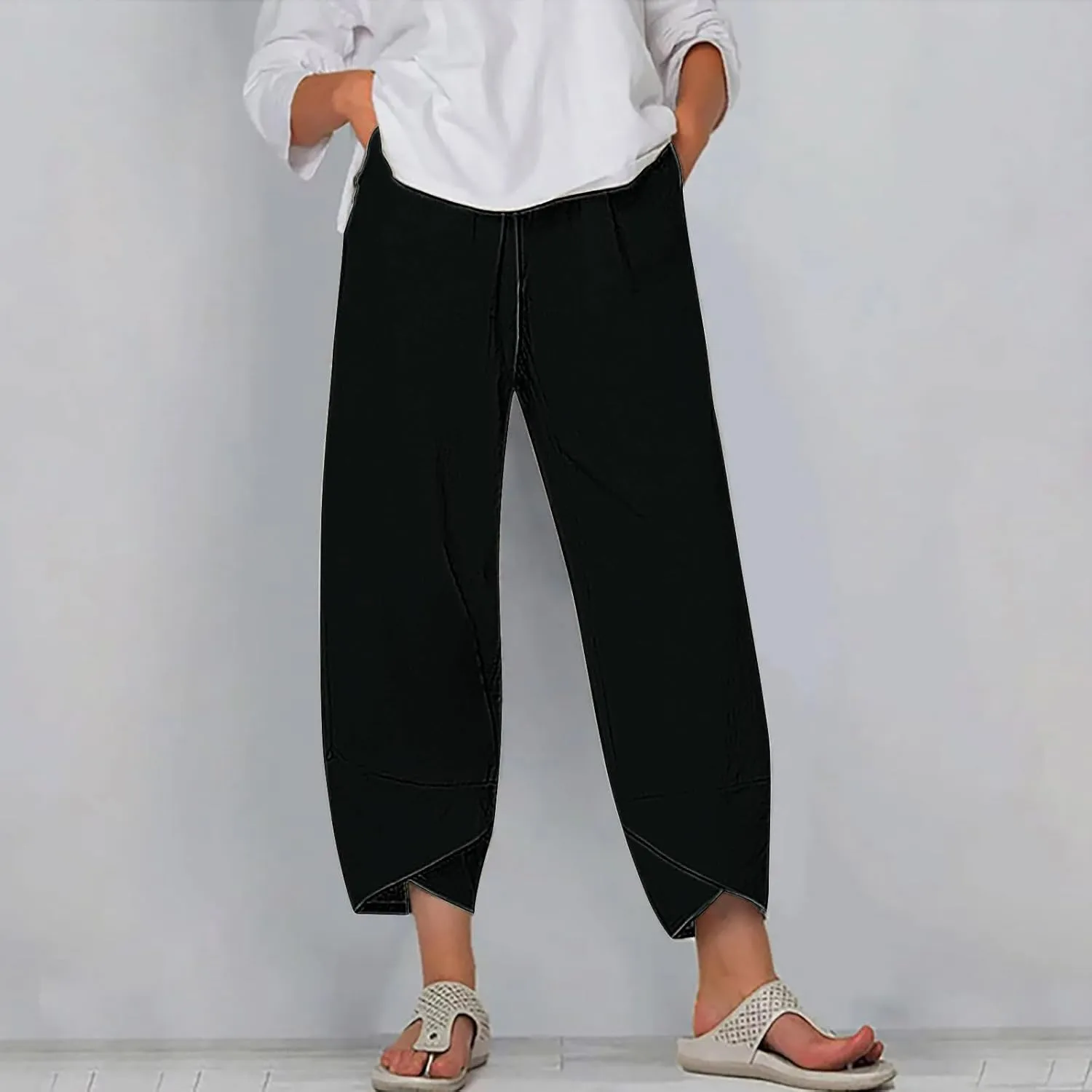 Cotton Linen Wide Leg Capri Pants for Women with Pockets 2025 Summer High Waist Dress Pant for Workout Casual Trousers