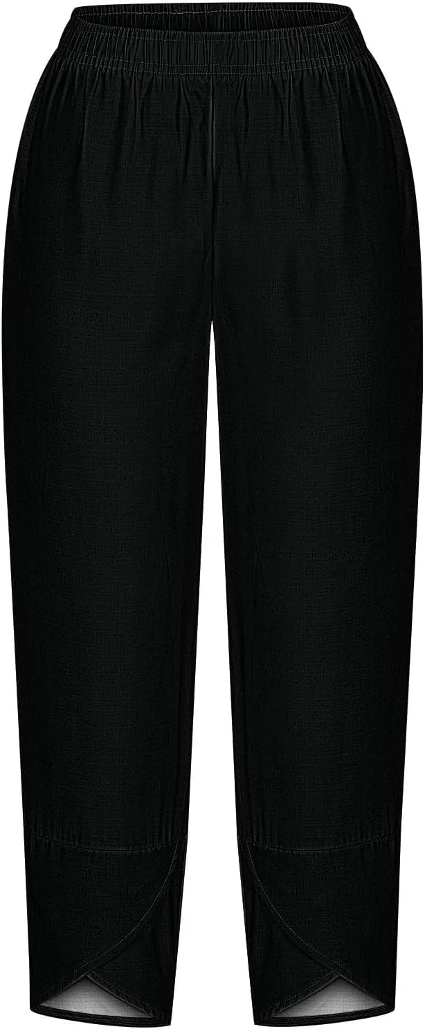 Cotton Linen Wide Leg Capri Pants for Women with Pockets 2025 Summer High Waist Dress Pant for Workout Casual Trousers
