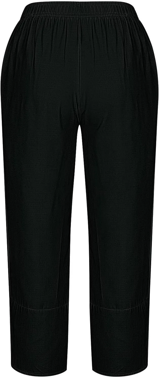 Cotton Linen Wide Leg Capri Pants for Women with Pockets 2025 Summer High Waist Dress Pant for Workout Casual Trousers