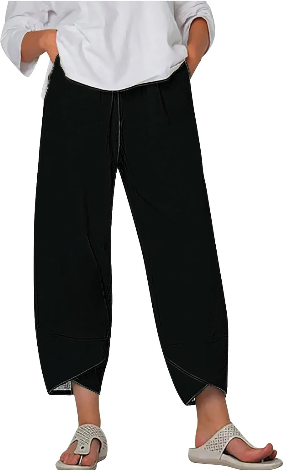 Cotton Linen Wide Leg Capri Pants for Women with Pockets 2025 Summer High Waist Dress Pant for Workout Casual Trousers