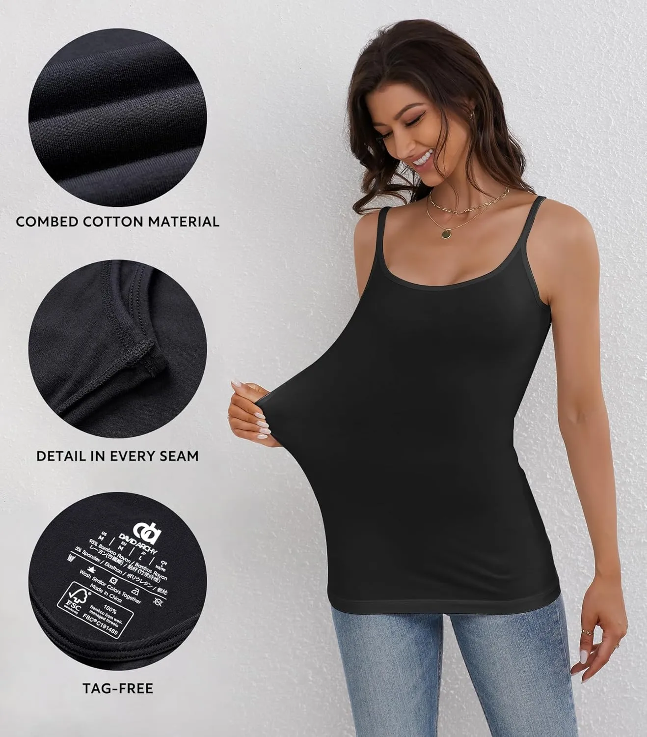 DAVID ARCHY Women's Cotton Camisole Tops Long Tank Top for Women 3 Pack
