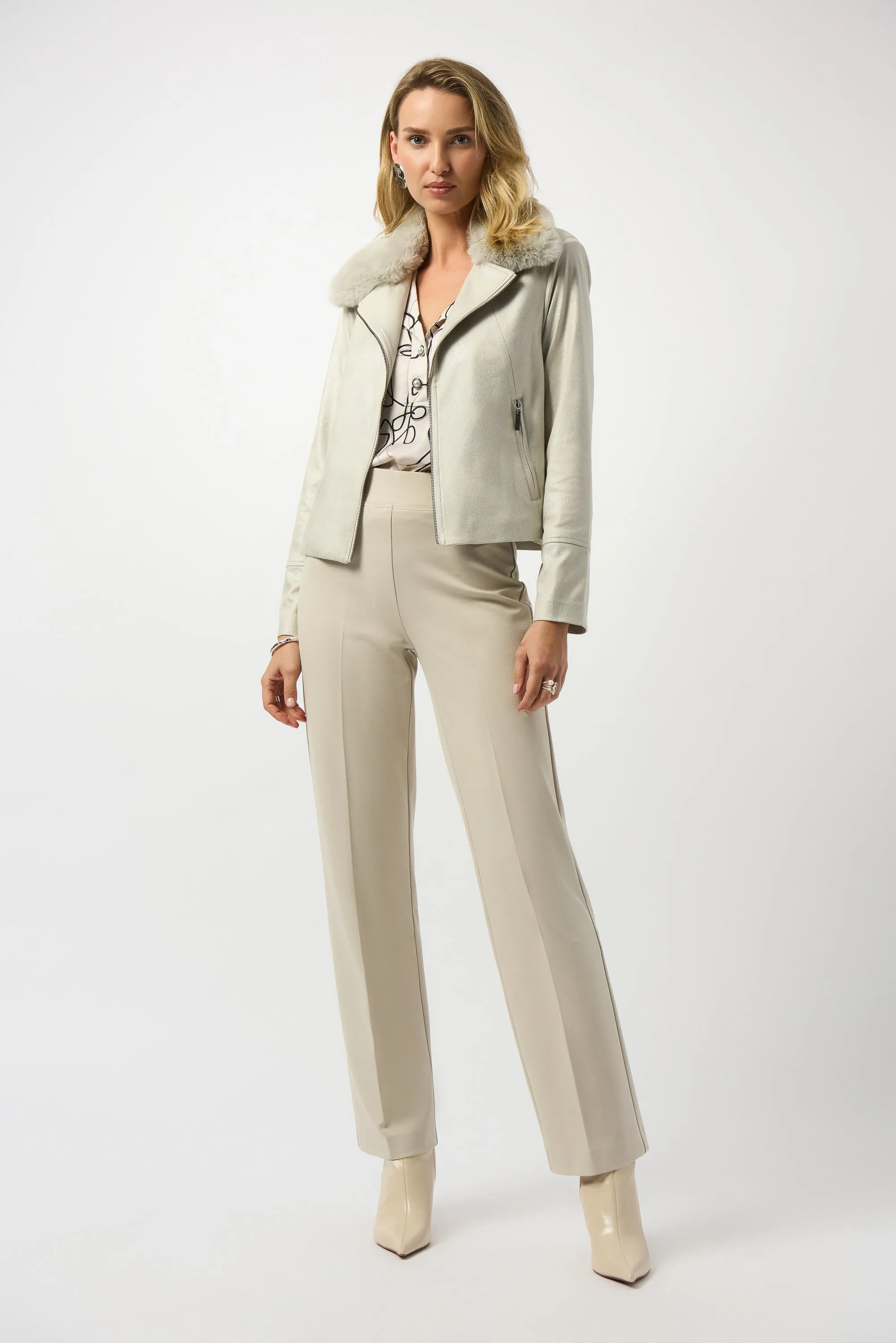 Foiled Suede Swing Jacket with Faux Fur Collar