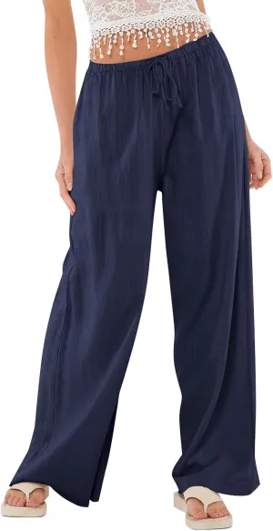 Linen Beach Pants Summer Palazzo Pants Drawstring High Waisted Trouser Pant Loose Wide Leg Trousers with Pockets