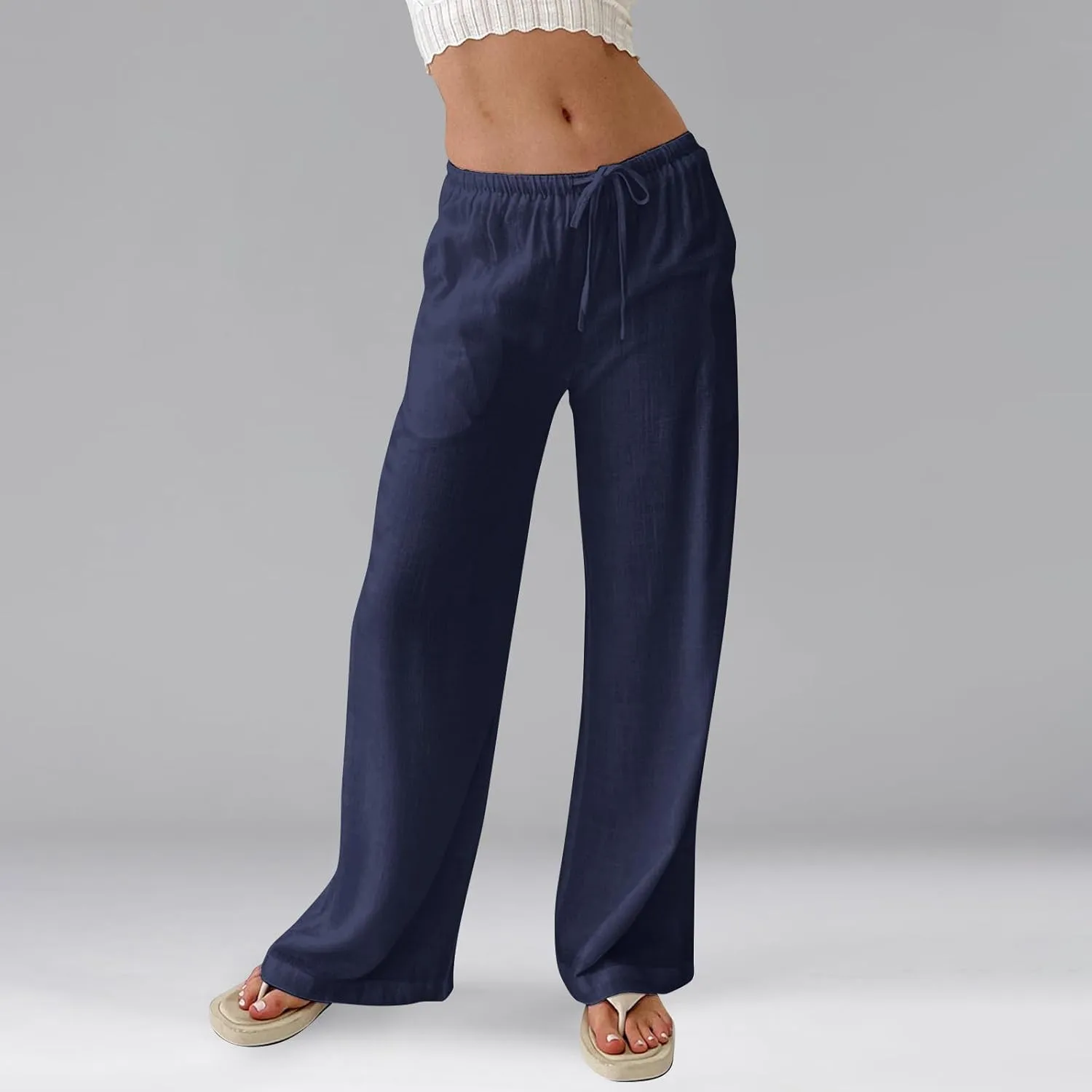 Linen Beach Pants Summer Palazzo Pants Drawstring High Waisted Trouser Pant Loose Wide Leg Trousers with Pockets