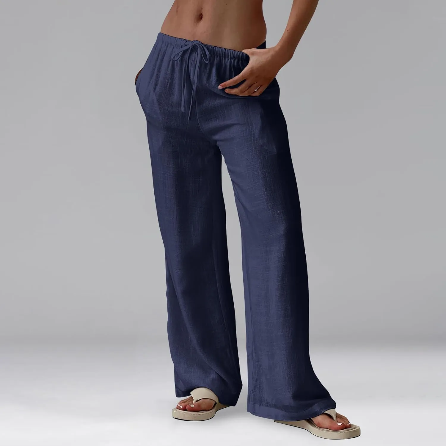 Linen Beach Pants Summer Palazzo Pants Drawstring High Waisted Trouser Pant Loose Wide Leg Trousers with Pockets