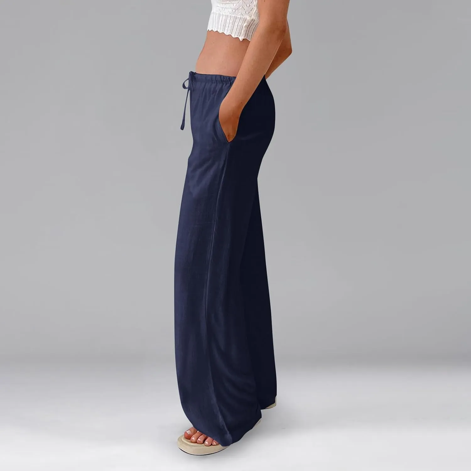 Linen Beach Pants Summer Palazzo Pants Drawstring High Waisted Trouser Pant Loose Wide Leg Trousers with Pockets