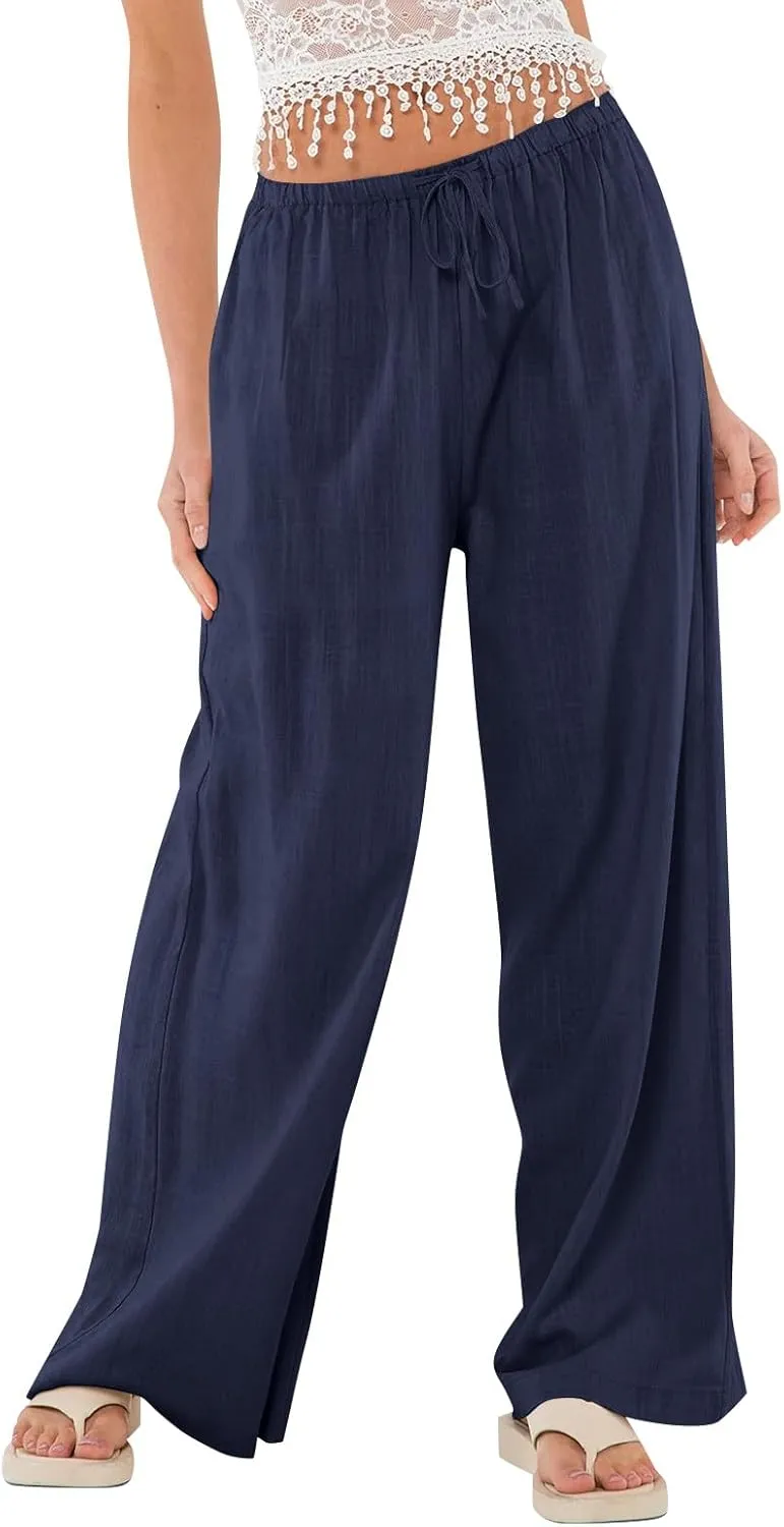 Linen Beach Pants Summer Palazzo Pants Drawstring High Waisted Trouser Pant Loose Wide Leg Trousers with Pockets