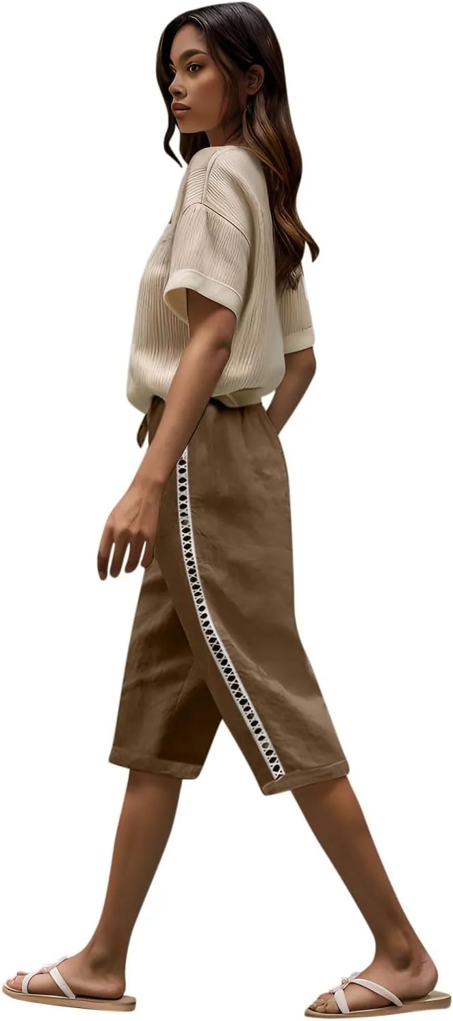Linen Capri Pants for Women Side Hollow Out Cropped Trousers Casual Summer Capris Drawstring High Waist Wide Leg Pant