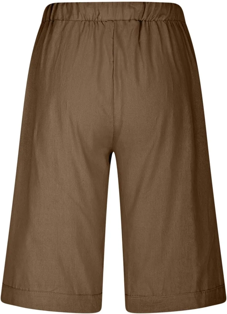 Linen Capri Pants for Women Side Hollow Out Cropped Trousers Casual Summer Capris Drawstring High Waist Wide Leg Pant