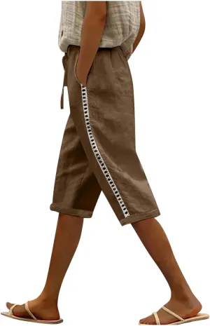 Linen Capri Pants for Women Side Hollow Out Cropped Trousers Casual Summer Capris Drawstring High Waist Wide Leg Pant
